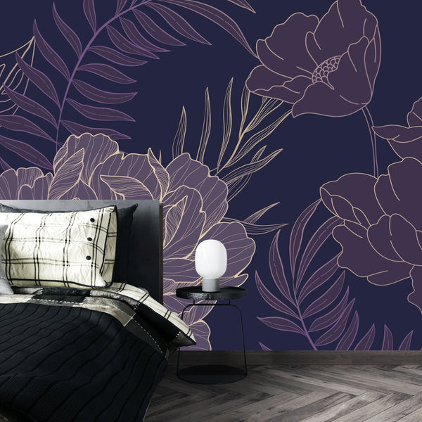Purple Flowers Wallpaper, Big Leaves Mural, Oversized Custom Size Wall Art, Non-Woven, Non-Adhesive, Modern Wall Paper, Removable