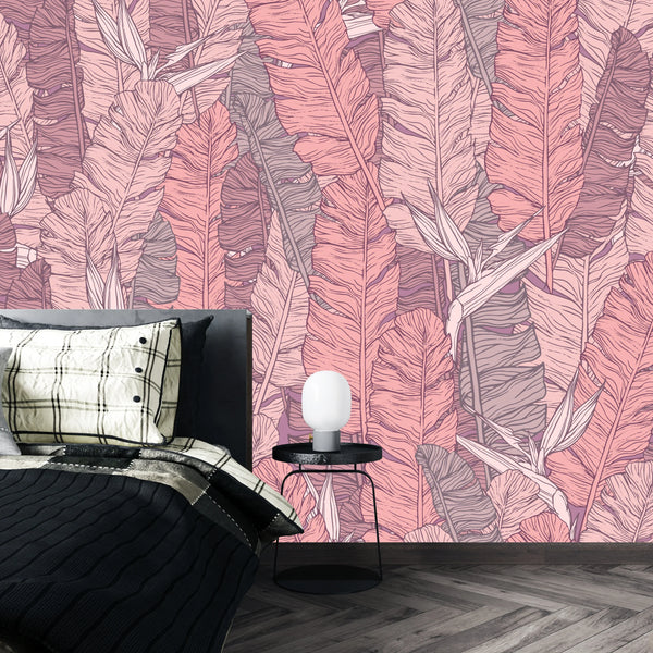 Coral Tropical Leaves Wallpaper, Seamless Pattern Mural, Oversized Custom Size Wall Art, Non-Woven, Non-Adhesive, Modern Wall Paper, Removable