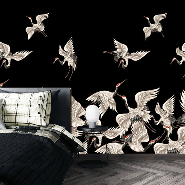 Japanese White Cranes Wallpaper, Seamless Pattern Mural, Oversized Custom Size Wall Art, Non-Woven, Non-Adhesive, Modern Wall Paper, Removable