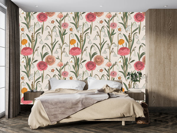 Abstract Handmade Floral Wallpaper, Seamless Pattern Mural, Oversized Custom Size Wall Art, Non-Woven, Non-Adhesive, Modern Wall Paper, Removable