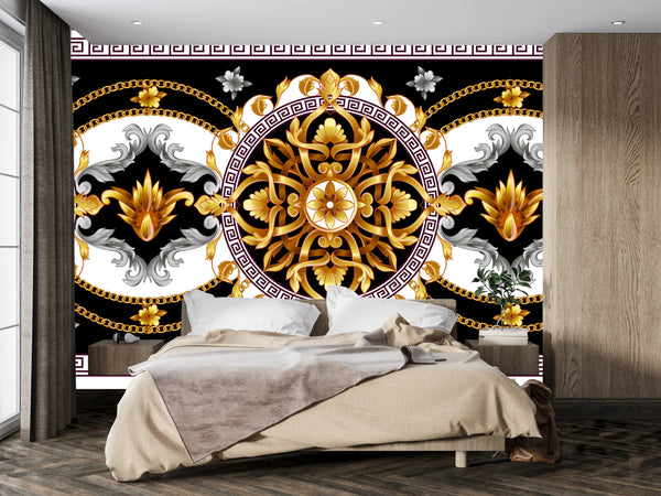 Golden Baroque Wallpaper, Black Background Mural, Oversized Custom Size Wall Art, Non-Woven, Non-Adhesive, Modern Wall Paper, Removable
