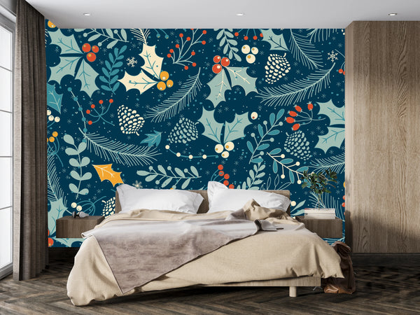 Leaves and Berries, Dark Blue Background Wallpaper, Seamless Pattern Mural, Oversized Custom Size Wall Art, Non-Woven, Non-Adhesive, Modern Wall Paper, Removable