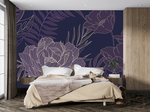 Purple Flowers Wallpaper, Big Leaves Mural, Oversized Custom Size Wall Art, Non-Woven, Non-Adhesive, Modern Wall Paper, Removable