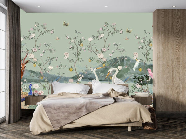 Chinoiserie, Birds Wallpaper, Seamless Pattern Mural, Oversized Custom Size Wall Art, Non-Woven, Non-Adhesive, Modern Wall Paper, Removable