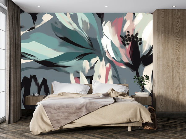 Ikat Boho Floral Wallpaper, Seamless Pattern Mural, Oversized Custom Size Wall Art, Non-Woven, Non-Adhesive, Modern Wall Paper, Removable