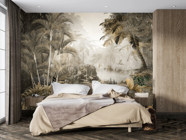 Tropical Wallpaper, Foggy Forest Mural, Oversized Custom Size Wall Art, Non-Woven, Non-Adhesive, Modern Wall Paper, Removable