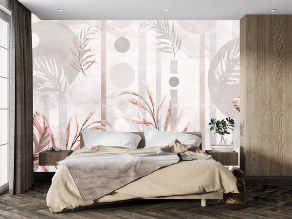 Tropical Plants Wallpaper, Geometric Shapes Mural, Oversized Custom Size Wall Art, Non-Woven, Non-Adhesive, Modern Wall Paper, Removable