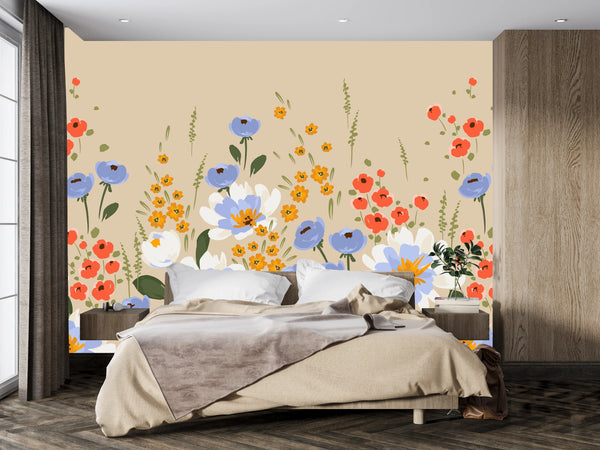 Colorful Floral Wallpaper, Seamless Pattern Mural, Oversized Custom Size Wall Art, Non-Woven, Non-Adhesive, Modern Wall Paper, Removable