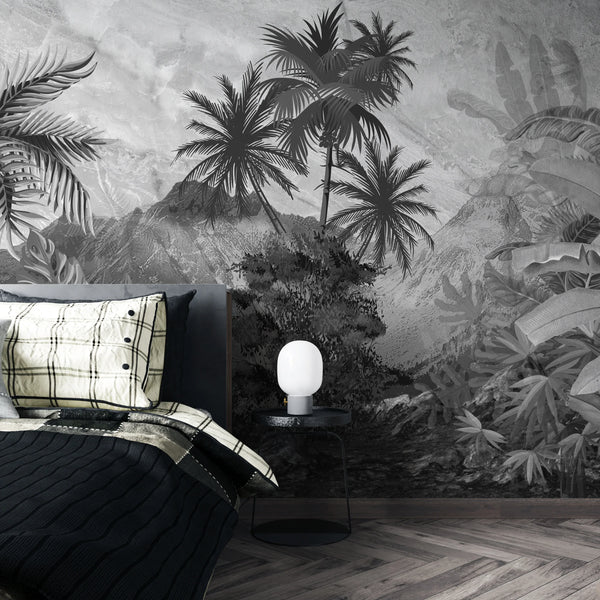 Black and White Jungle Wallpaper, Exotic Trees Mural, Oversized Custom Size Wall Art, Non-Woven, Non-Adhesive, Modern Wall Paper, Removable