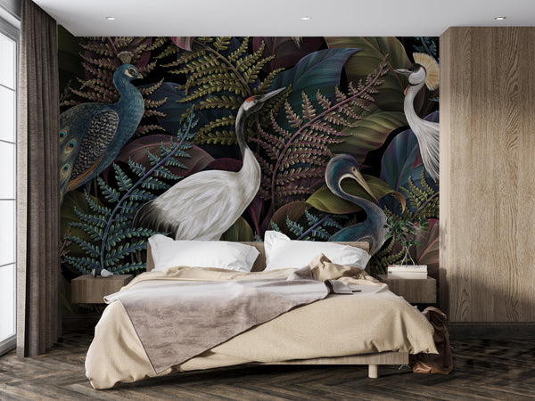 Royal Birds Wallpaper, Tropical Seamless Background Mural, Oversized Custom Size Wall Art, Non-Woven, Non-Adhesive, Modern Wall Paper, Removable