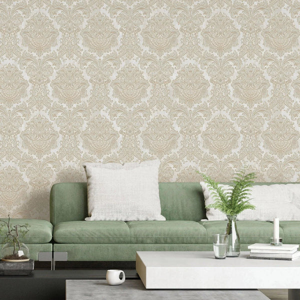 Beige Rich Baroque Damask Wallpaper Deep Embossed Shimmering Vintage Design - Walloro High End Wallcoverings & More