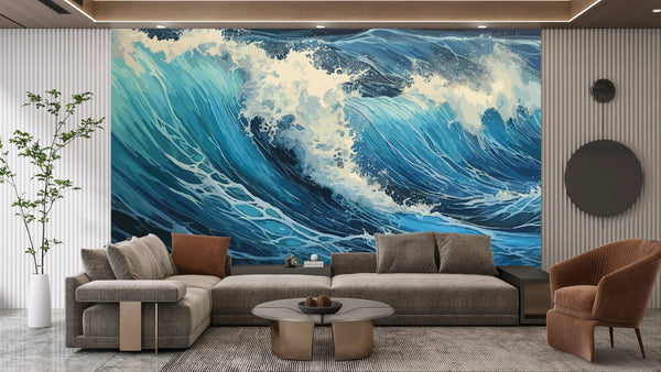 Big Wave in a Raging Sea Wallpaper, Oil Painting Mural, Oversized Custom Size Wall Art, Non - Woven, Non - Adhesive, Modern Wall Paper, Removable - Adawall Wallpaper - Registered Trade Accounts Only, Wallpaper Wholesale Account - W77613 - Adawall Wholesale - Wallpaper Wholesaler
