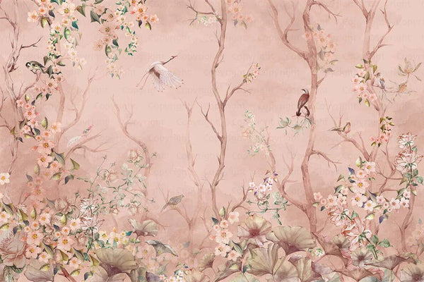 Birds Trees Nature Scene Wallpaper, Tropical Botanical Wall Mural, Pink Customized Wallpaper, Home Decor, Bedroom, Store, Forest Large Wall Art - Adawall Wallpaper - Registered Trade Accounts Only, Wallpaper Wholesale Account - A305-2 - Adawall Wholesale - Wallpaper Wholesaler