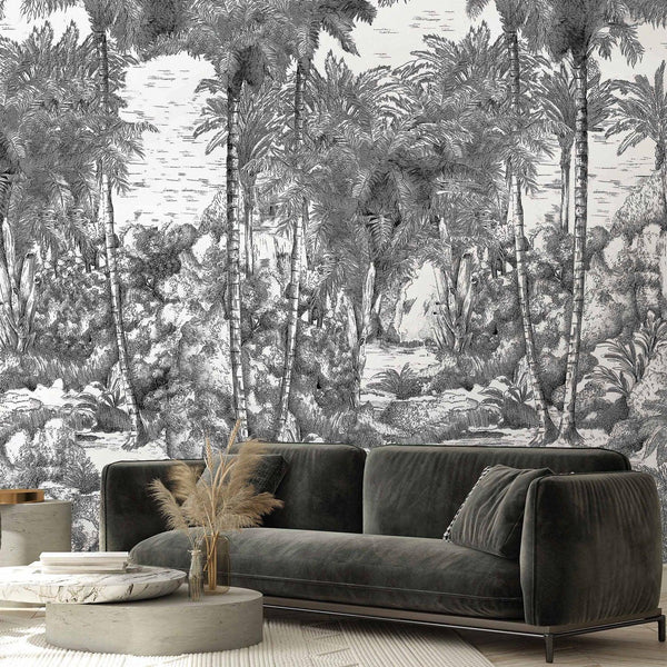Black and White Palm Trees Drawing Wallpaper, Large Hand Drawn Wall Mural, Custom Size Wall Covering, Non - Woven, Non - Pasted, Washable, Removable - Adawall Wallpaper - Registered Trade Accounts Only, Wallpaper Wholesale Account - SE301-1 - Adawall Wholesale - Wallpaper Wholesaler