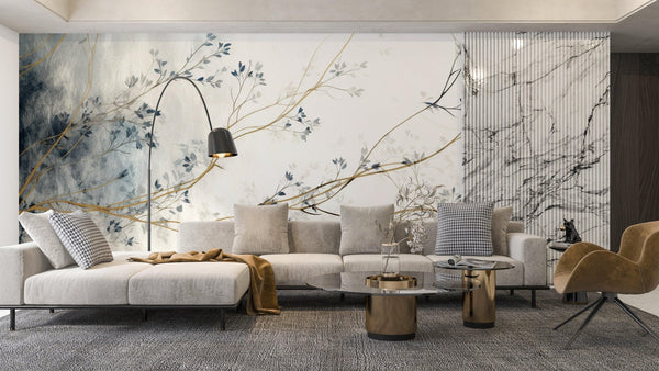 Blue Floral Wallpaper, White Background Mural, Oversized Custom Size Wall Art, Non - Woven, Non - Adhesive, Modern Wall Paper, Removable - Adawall Wallpaper - Registered Trade Accounts Only, Wallpaper Wholesale Account - W77598 - Adawall Wholesale - Wallpaper Wholesaler