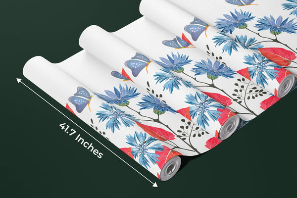 Blue Flowers, Red Leaves Wallpaper, Seamless Pattern Mural, Oversized Custom Size Wall Art, Non - Woven, Non - Adhesive, Modern Wall Paper, Removable - Adawall Wallpaper - Registered Trade Accounts Only, Wallpaper Wholesale Account - W78015 - Adawall Wholesale - Wallpaper Wholesaler
