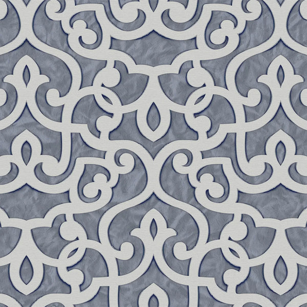 Blue Lace Trellis Wallpaper, Shiny Silver Gold Patterns Faded Colors Damask Design - Walloro High End Wallcoverings & More