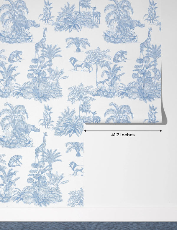 Blue Toile Jungle Wallpaper, African Animals Mural, Oversized Custom Size Wall Art, Non - Woven, Non - Adhesive, Modern Wall Paper, Removable - Adawall Wallpaper - Registered Trade Accounts Only, Wallpaper Wholesale Account - W77543 - Adawall Wholesale - Wallpaper Wholesaler