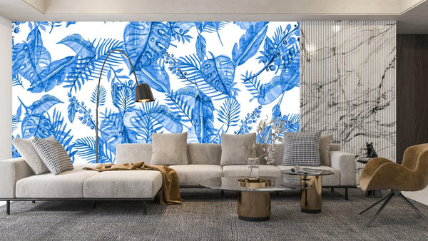 Blue Tropic Plants Wallpaper, Aquamarine Tropical Mural, Oversized Custom Size Wall Art, Non - Woven, Non - Adhesive, Modern Wall Paper, Removable - Adawall Wallpaper - Registered Trade Accounts Only, Wallpaper Wholesale Account - W77554 - Adawall Wholesale - Wallpaper Wholesaler