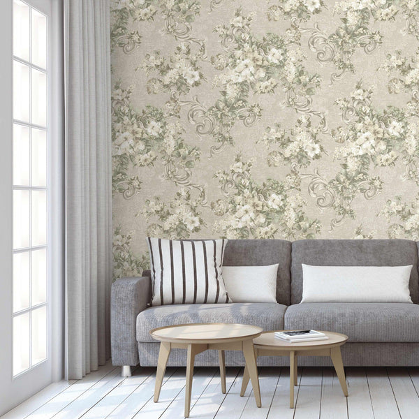 Botanical Flowered Embossed Wallpaper, Home Wall Decor, Aesthetic Wallpaper, Textured Wallcovering Non-Adhesive- 41.7”W X 393”H - Walloro High End Wallcoverings & More