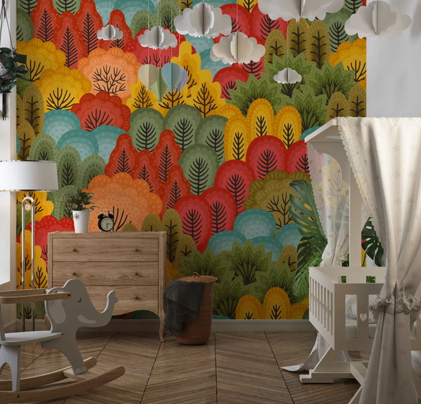 Autumn Forest, Trees Wallpaper, Seamless Pattern Mural, Oversized Custom Size Wall Art, Non-Woven, Non-Adhesive, Modern Wall Paper, Removable