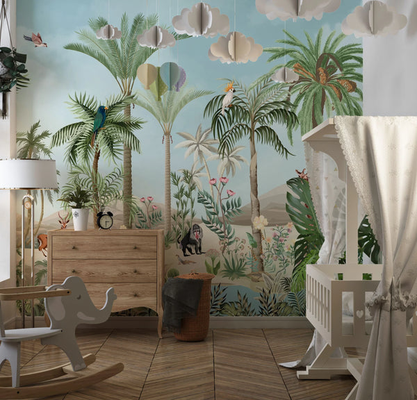 Tropic Animals Wallpaper, Palms and Plants Mural, Oversized Custom Size Wall Art, Non-Woven, Non-Adhesive, Modern Wall Paper, Removable
