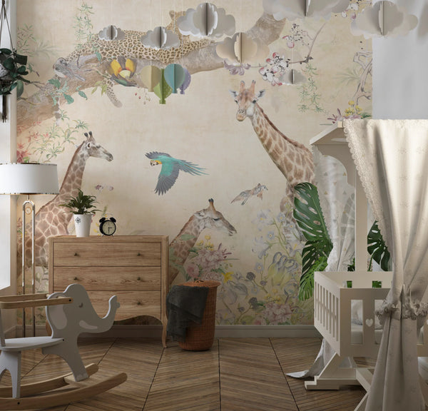 Tropical Trees Wallpaper, Safari Animals Mural, Oversized Custom Size Wall Art, Non-Woven, Non-Adhesive, Modern Wall Paper, Removable