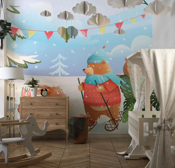 Winter Forest Wallpaper, Cute Animals Mural, Oversized Custom Size Wall Art, Non-Woven, Non-Adhesive, Modern Wall Paper, Removable