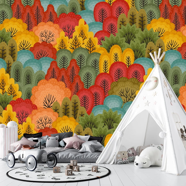 Autumn Forest, Trees Wallpaper, Seamless Pattern Mural, Oversized Custom Size Wall Art, Non-Woven, Non-Adhesive, Modern Wall Paper, Removable