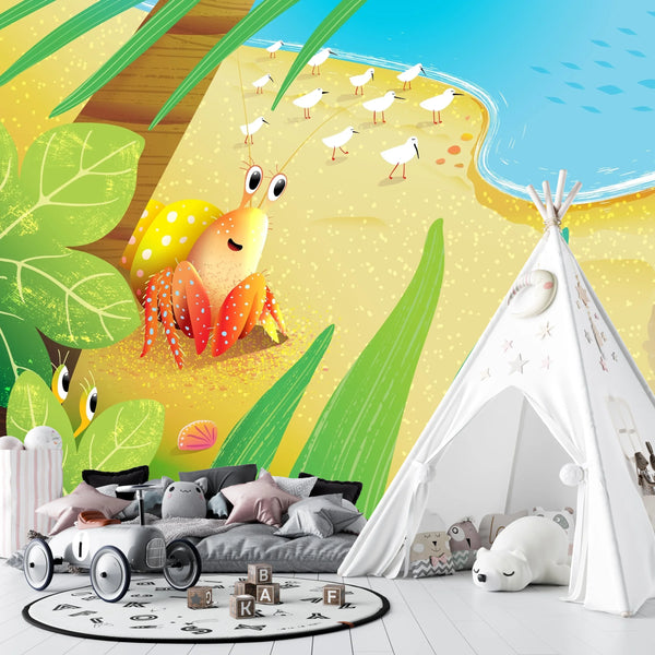 Cute Crab Wallpaper, Tropical Beach Mural, Oversized Custom Size Wall Art, Non-Woven, Non-Adhesive, Modern Wall Paper, Removable
