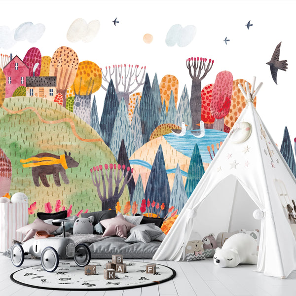 Bright Autumn Wallpaper, Village Mural, Oversized Custom Size Wall Art, Non-Woven, Non-Adhesive, Modern Wall Paper, Removable