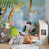 Kids Animals in Jungle Wallpaper, Wild Tropical Mural, Oversized Custom Size Wall Art, Non-Woven, Non-Adhesive, Modern Wall Paper, Removable
