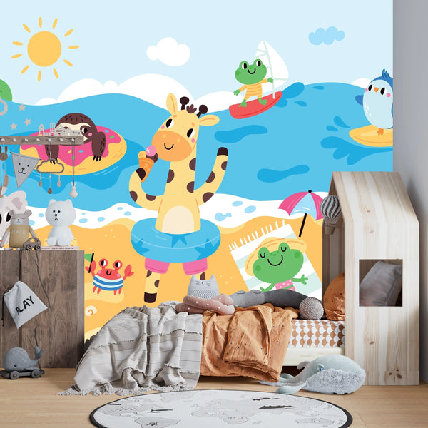 Happy Little Animals Wallpaper, Tropical Beach Mural, Oversized Custom Size Wall Art, Non-Woven, Non-Adhesive, Modern Wall Paper, Removable