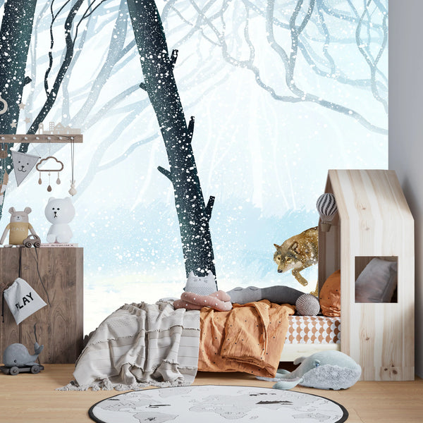 Winter Forest Wallpaper, Wolf Mural, Oversized Custom Size Wall Art, Non-Woven, Non-Adhesive, Modern Wall Paper, Removable
