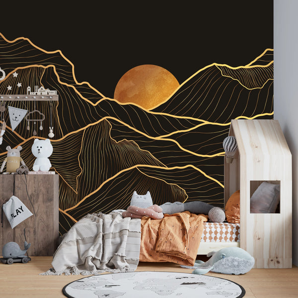Mountain Gold Line Art Wallpaper, Black Background Mural, Oversized Custom Size Wall Art, Non-Woven, Non-Adhesive, Modern Wall Paper, Removable
