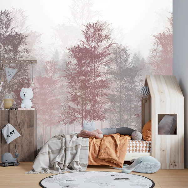Red and Gray Trees Wallpaper, Foggy Forest Mural, Oversized Custom Size Wall Art, Non-Woven, Non-Adhesive, Modern Wall Paper, Removable