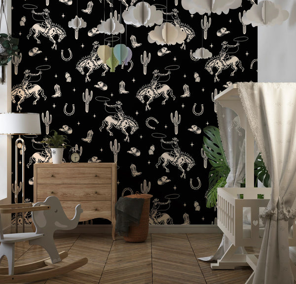 Western Themed Wallpaper, Black and White Seamless Pattern Mural, Oversized Custom Size Wall Art, Non-Woven, Non-Adhesive, Modern Wall Paper, Removable