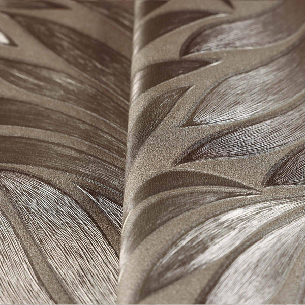 Brown Luxury Leaves Solid Color Shades Wallpaper, Deep Embossed Flocked Velvet Feeling Design - Walloro High End Wallcoverings & More