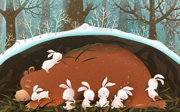 Bunnies and Bear Wallpaper, Sleeping in the Den Mural, Oversized Custom Size Wall Art, Non - Woven, Non - Adhesive, Modern Wall Paper, Removable - Adawall Wallpaper - Registered Trade Accounts Only, Wallpaper Wholesale Account - W78153 - Adawall Wholesale - Wallpaper Wholesaler