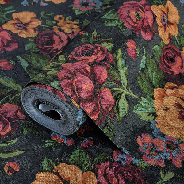 Charming Floral Deep Embossed Wallpaper, Black Red Bloom Blossom Flower Design Interior Wall Decor - Walloro High End Wallcoverings & More