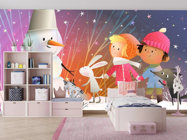 Children and Animals Wallpaper, Build a Snowman Mural, Oversized Custom Size Wall Art, Non - Woven, Non - Adhesive, Modern Wall Paper, Removable - Adawall Wallpaper - Registered Trade Accounts Only, Wallpaper Wholesale Account - W78134 - Adawall Wholesale - Wallpaper Wholesaler