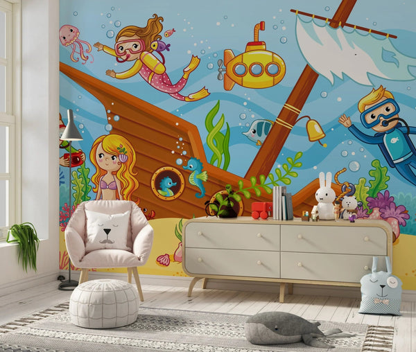 Children Swim Wallpaper, Mermaids Mural, Oversized Custom Size Wall Art, Non - Woven, Non - Adhesive, Modern Wall Paper, Removable - Adawall Wallpaper - Registered Trade Accounts Only, Wallpaper Wholesale Account - W78129 - Adawall Wholesale - Wallpaper Wholesaler