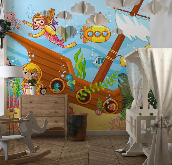 Children Swim Wallpaper, Mermaids Mural, Oversized Custom Size Wall Art, Non - Woven, Non - Adhesive, Modern Wall Paper, Removable - Adawall Wallpaper - Registered Trade Accounts Only, Wallpaper Wholesale Account - W78129 - Adawall Wholesale - Wallpaper Wholesaler