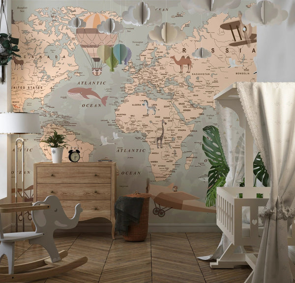 Childrens World Map Wallpaper, Retro Mural, Oversized Custom Size Wall Art, Non - Woven, Non - Adhesive, Modern Wall Paper, Removable - Adawall Wallpaper - Registered Trade Accounts Only, Wallpaper Wholesale Account - W77649 - Adawall Wholesale - Wallpaper Wholesaler
