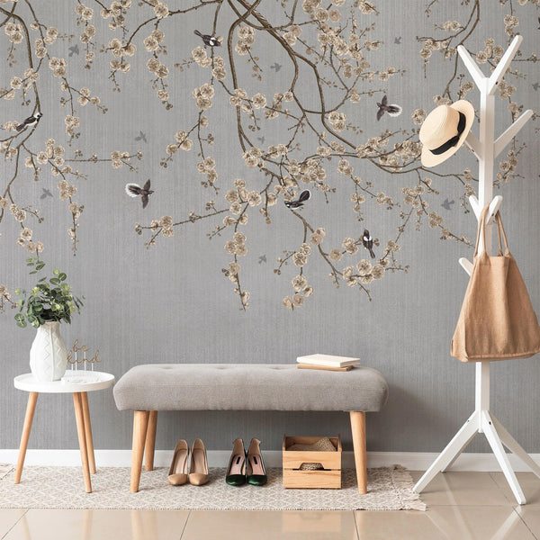 Chinoiserie Birds Floral Wall Mural, Gray Flowers Blossom Wallpaper, Large, Oversized Elegant Custom Size Wall Art, Non - Woven, Non - Pasted, Modern - Adawall Wallpaper - Registered Trade Accounts Only, Wallpaper Wholesale Account - SE316-2 - Adawall Wholesale - Wallpaper Wholesaler
