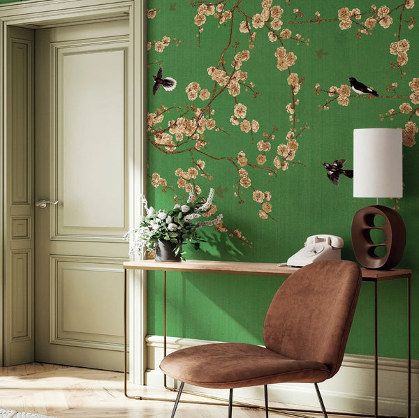 Chinoiserie Birds Floral Wall Mural, Green Flowers Blossom Wallpaper, Large, Oversized Elegant Custom Size Wall Art, Non - Woven, Non - Pasted, Modern - Adawall Wallpaper - Registered Trade Accounts Only, Wallpaper Wholesale Account - SE316-1 - Adawall Wholesale - Wallpaper Wholesaler