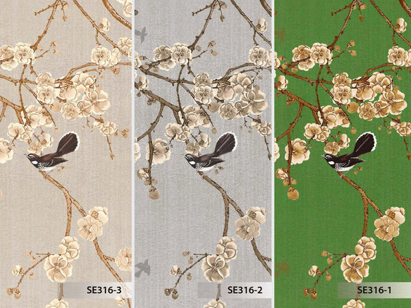 Chinoiserie Birds Floral Wall Mural, Green Flowers Blossom Wallpaper, Large, Oversized Elegant Custom Size Wall Art, Non - Woven, Non - Pasted, Modern - Adawall Wallpaper - Registered Trade Accounts Only, Wallpaper Wholesale Account - SE316-1 - Adawall Wholesale - Wallpaper Wholesaler