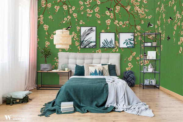 Chinoiserie Birds Floral Wall Mural, Green Flowers Blossom Wallpaper, Large, Oversized Elegant Custom Size Wall Art, Non - Woven, Non - Pasted, Modern - Adawall Wallpaper - Registered Trade Accounts Only, Wallpaper Wholesale Account - SE316-1 - Adawall Wholesale - Wallpaper Wholesaler