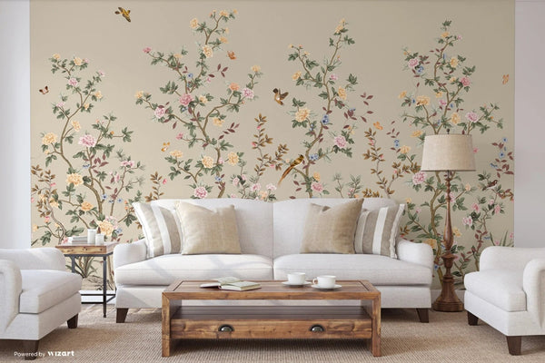 Chinoiserie Floral Blossoms Wall Mural, Green Botanical Tree Flowers Wallpaper, Custom Size Wall Covering, Non - Woven, Non - Adhesive, Removable, Washable - Adawall Wallpaper - Registered Trade Accounts Only, Wallpaper Wholesale Account - FJ303-3 - Adawall Wholesale - Wallpaper Wholesaler