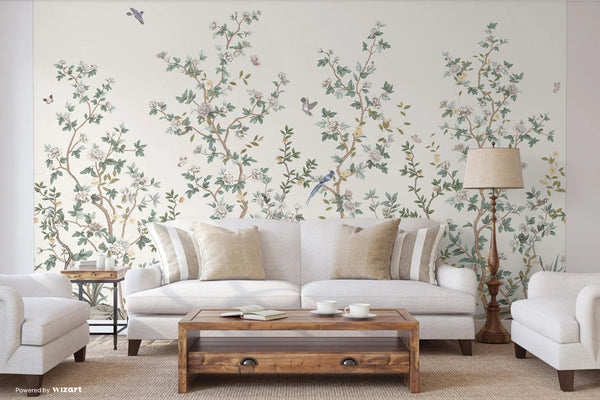 Chinoiserie Floral Blossoms Wall Mural, Ivory Botanical Tree Flowers Wallpaper, Custom Size Wall Covering, Non - Woven, Non - Adhesive, Removable, Washable - Adawall Wallpaper - Registered Trade Accounts Only, Wallpaper Wholesale Account - FJ303-2 - Adawall Wholesale - Wallpaper Wholesaler